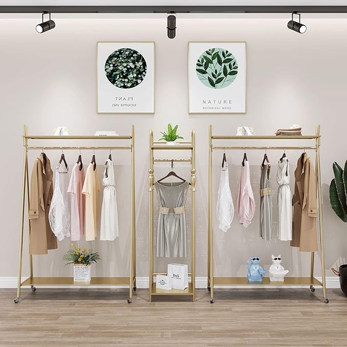 Clothes rack Gold, Freestanding Industrial Garment Rack with Double shelves Multi-functional Bedroom Hanging Clothing Rack,Heavy Duty Movable Coat Rack for Organizing Clothes and Shoes (39'' L)