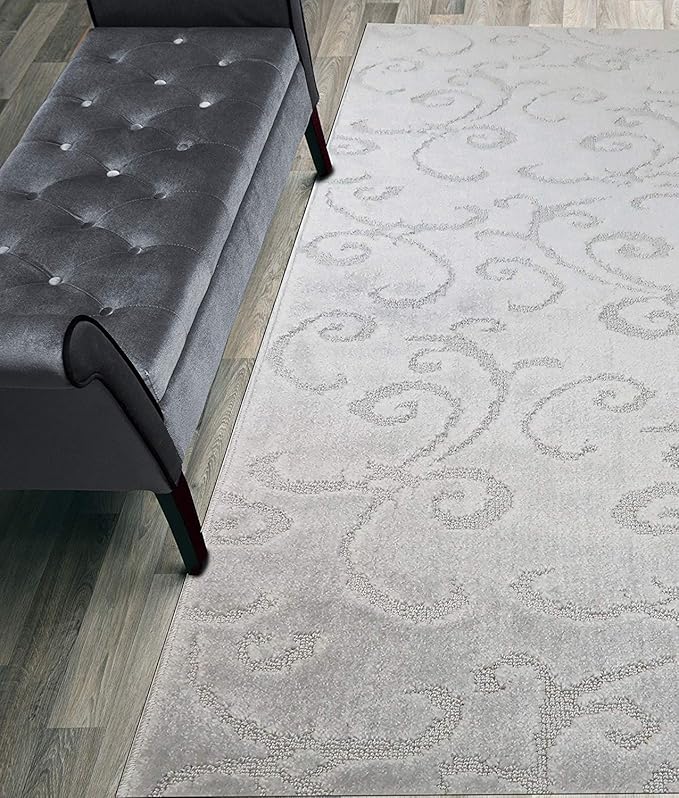 20 Ft Extra Long Non-Slip Washable Carpet Runner Rug with Rubber Backing, Custom Floor Mat for Kitchen Hallway Stairs Bedroom Bathroom Entry, Scroll Light Silver, Your Choice of Length, (26" X 20')