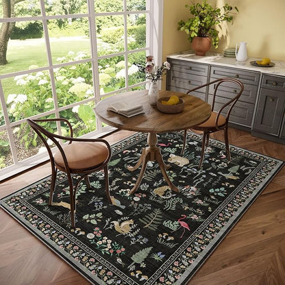 Washable Area Rugs for Living Room: 5x7 Bedroom Rug Vintage Rugs Stain Resistant Non Slip Low Pile Soft Lightweight Indoor Carpet Rug for Kitchen Dining Room Farmhouse Nursery Kids Room Home Office