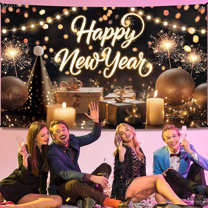 KatchOn, XtraLarge Happy New Year Banner - 72x44 Inch | NYE Backdrop for New Years Eve Party Supplies 2026 | Happy New Year Decorations 2026 | NYE Decorations 2026 | New Years Decorations