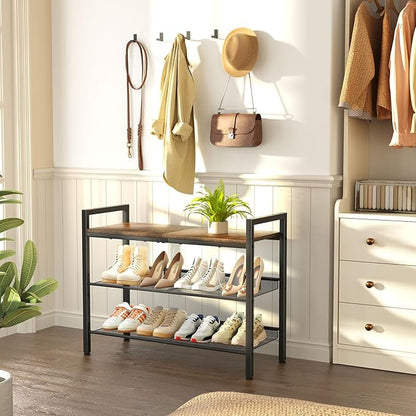 Shoe Rack for Front Door Entrance, 3 Tier Shoe Rack for Entryway, Shoe Shelf for Closet, Metal Shoe Rack Organizer with Sturdy Wooden Top & Steel Frame,(Black+Rustic Brown)