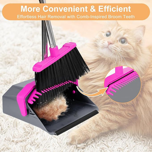 Stand Up Broom and Dustpan Set, Sturdy and Adjustable Dustpan with 51'' Long Handle, Heavy Duty Broom with Standing Dust Pan for Kitchen Garage Looby Pet Dog Hair - Rose Red