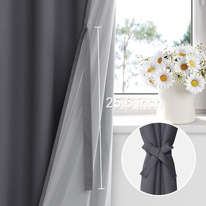 XWZO 100% Blackout Curtain Panels - Thermal Insulated Black Liner Curtains, Noise Reducing and Heat Blocking Drapes for Hall and Studio Windows with Tiebacks, Dark Grey, W42 x L54, Set of 2