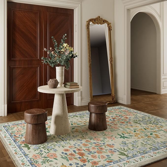 Machine Washable Rugs for Living Room: 6x9 Area Rugs for Bedroom Vintage Stain Resistant Non Slip Low Pile Lightweight Soft Carpet for Dining Room Kitchen Farmhouse Kids Room Nursery Indoor