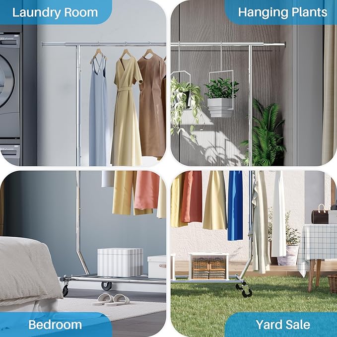 HOKEEPER Clothes Rack, Rolling Clothing Racks for Hanging Clothes, Portable Clothes Rack with Lockable Wheels, Commercial Heavy Duty Garment Rack for Bedroom, Living Room, Laundry, Balcony
