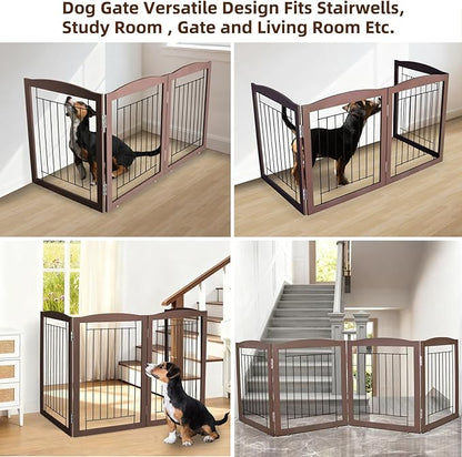 ZJSF Freestanding Foldable Dog Gate for House Extra Wide Wooden Brown Puppy Gate Stairs Dog Gates Doorways Tall Pet Gate 24 "Height 3 Panels Pet Fence