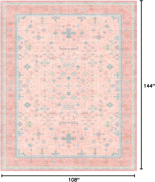 Washable Pink and Blue 9x12 Oushak Rugs for Living Room Rug Bedroom Girls, Modern Floral Aethestic Distressed Design, Soft Faux Wool Low Pile Non Slip Stain Resistance Carpet