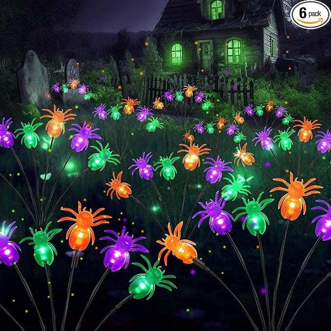 6Pack Total 48LED Purple Orange and Green Spider Solar Halloween Lights Outdoor - Solar Firefly Lights Outdoor, Sway by Wind, Waterproof for Garden Patio Pathway Halloween Decorations