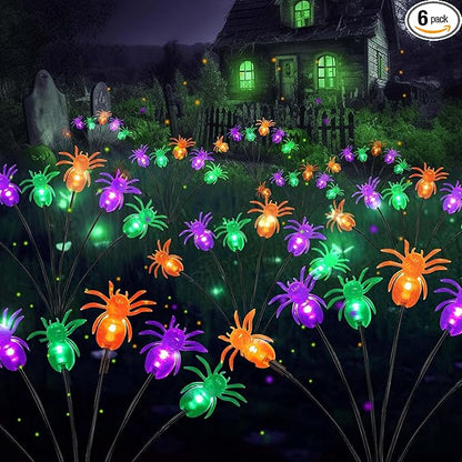 6Pack Total 48LED Purple Orange and Green Spider Solar Halloween Lights Outdoor - Solar Firefly Lights Outdoor, Sway by Wind, Waterproof for Garden Patio Pathway Halloween Decorations