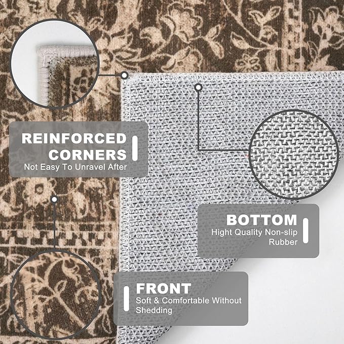 KILOCOCO Hallway Runner 2x5 Kitchen Runner Rug Printed Vintage Floral Washable Non-Slip Runners for Hallways Laundry Room Rugs Distressed Boho Rug Runners for Bedroom, Rust Red
