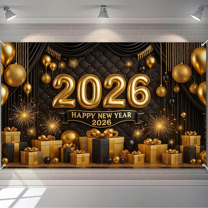Happy New Year 2026 Backdrop Gold Black Balloons Fireworks Gift Boxes Sparkling Party Banner 71x43 Inches New Year Eve Decoration Indoor Outdoor Celebration Photography Background