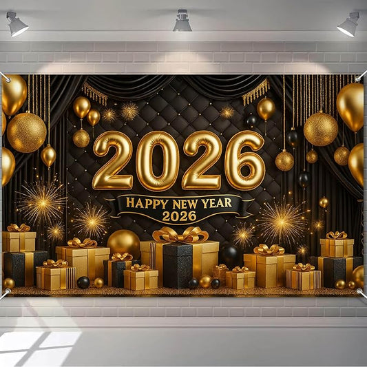 Happy New Year 2026 Backdrop Gold Black Balloons Fireworks Gift Boxes Sparkling Party Banner 71x43 Inches New Year Eve Decoration Indoor Outdoor Celebration Photography Background