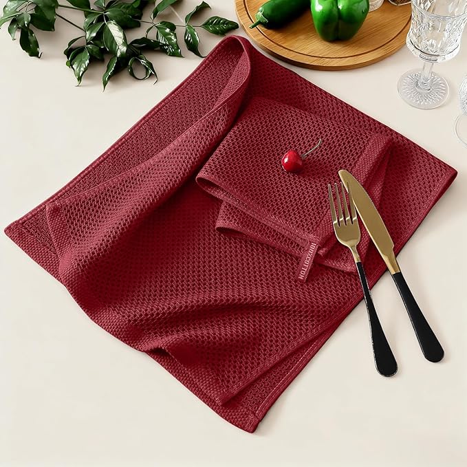 Kitinjoy 100% Cotton Kitchen Towels and Dishcloths Set, 8 Pack Waffle Weave Dish Towels Ultra Soft Absorbent Quick Drying Dish Rags, 13 x 28 Inch and 12 X 12 Inch, Burgundy
