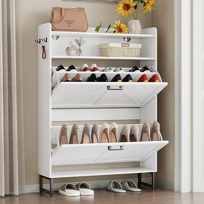Shoe Cabinet with 2 Flip Drawers Narrow Shoe Storage Cabinet Organizer Wooden Freestanding Shoe Rack Hidden Slim Shoes Storage Cabinet for Entryway, Hallway, Bedroom