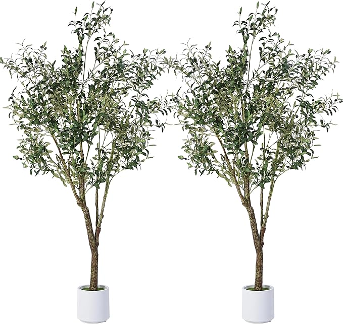 Artificial Olive Tree 7FT, Indoor Fake Silk Plant with Realistic Trunk, Leaves, Fruits and White Planter, Faux Potted Tree for Home Decor and Housewarming Gift, 2 Pack