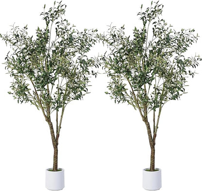 Artificial Olive Tree 7FT, Indoor Fake Silk Plant with Realistic Trunk, Leaves, Fruits and White Planter, Faux Potted Tree for Home Decor and Housewarming Gift, 2 Pack