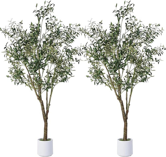 Artificial Olive Tree 7FT, Indoor Fake Silk Plant with Realistic Trunk, Leaves, Fruits and White Planter, Faux Potted Tree for Home Decor and Housewarming Gift, 2 Pack