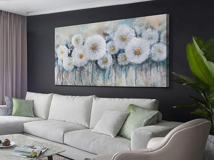 Acocifi Floral Canvas Wall Art for Living Room Dandelion Picture Large Flower Bedroom Painting 60% Handmade Textured, Grey Vintage Artwork Framed for Dining Room Office Home Decor 40"x20"