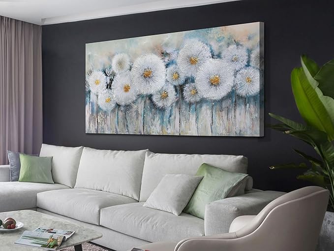 Acocifi Floral Canvas Wall Art for Living Room Dandelion Picture Flower Bedroom Painting 60% Handmade Textured, Grey Vintage Artwork Extra Large Framed for Dining Room Office Home Decor 58"x29"