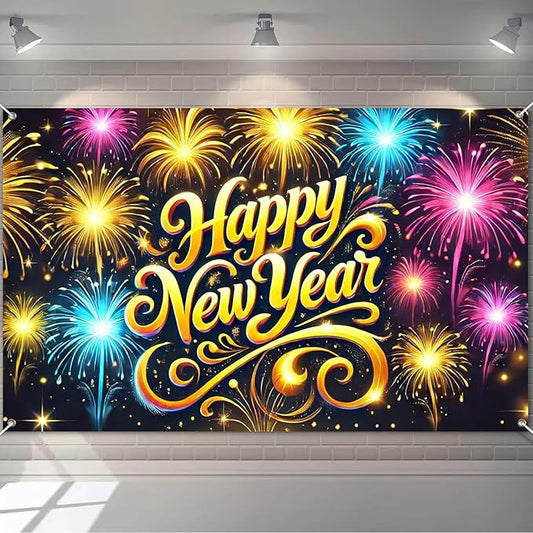 2026 Happy New Year Banner Fireworks Party Backdrop Gold Lettering New Year Eve Wall Decor Large Celebration Photo Background for Indoor Outdoor Holiday Events