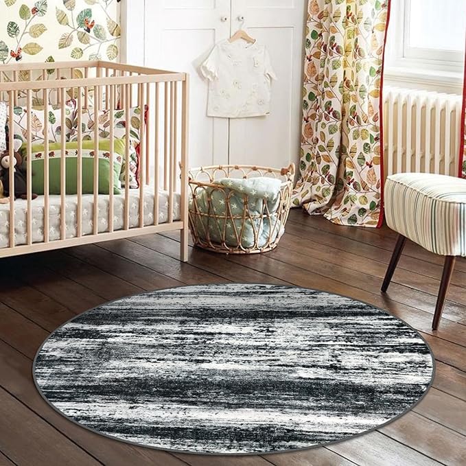 KOZYFLY Modern Abstract Round Area Rug 3Ft, Washable Kitchen Rug Non-Slip Soft Small Bathroom Circle Rug, Black Navy Blue Grey Striped Entryway Rugs Faux Wool Doormat for Bedside Entrance Sink