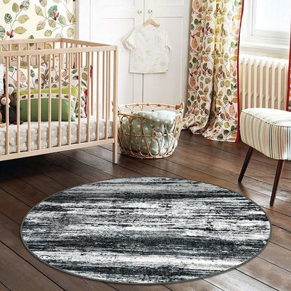KOZYFLY Modern Abstract Round Area Rug 3Ft, Washable Kitchen Rug Non-Slip Soft Small Bathroom Circle Rug, Black Navy Blue Grey Striped Entryway Rugs Faux Wool Doormat for Bedside Entrance Sink