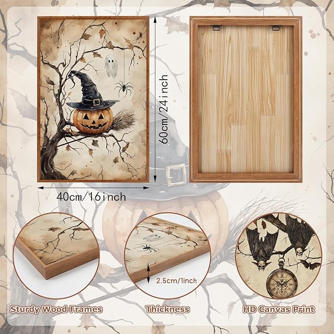 HLNIUC Vintage Halloween Decor Framed Gothic Skull Wall Art Set of 3(16”x24”) Floral Raven Crow Wall Decor,Horror Pumpkin Dark Academia Canvas Painting Bats Prints for Living Room Bedroom Goth Party