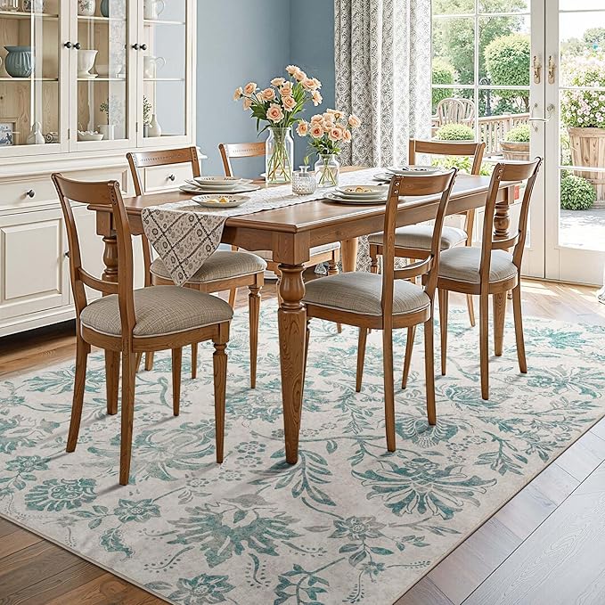 jinchan Floral 8x10 Area Rugs Vintage-Inspired Design Accent Living Room Rug Machine Washable Ultra-Thin Low-Pile Non-Slip Traditional Carpet for Bedroom Dining Room Home Office