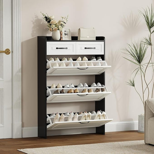 Shoe Cabinet with 3 Large Flip Drawers & 2 Storage Drawers, Narrow Shoe Organizer Cabinet Fits for Kinds of Shoes, Slim Shoe Storage Cabinet for Entryway, Hallway, Bedroom, Black and White
