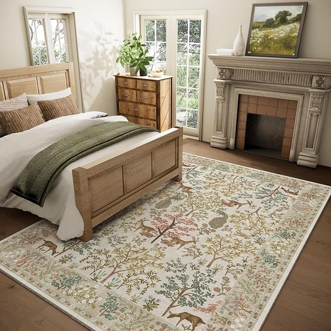 Washable Living Room Area Rug: 8x10 Rugs for Bedroom Vintage Stain Resistant Non Slip Low Pile Large Carpet Rugs for Kitchen Dining Room Farmhouse Kids Room Nursery Indoor