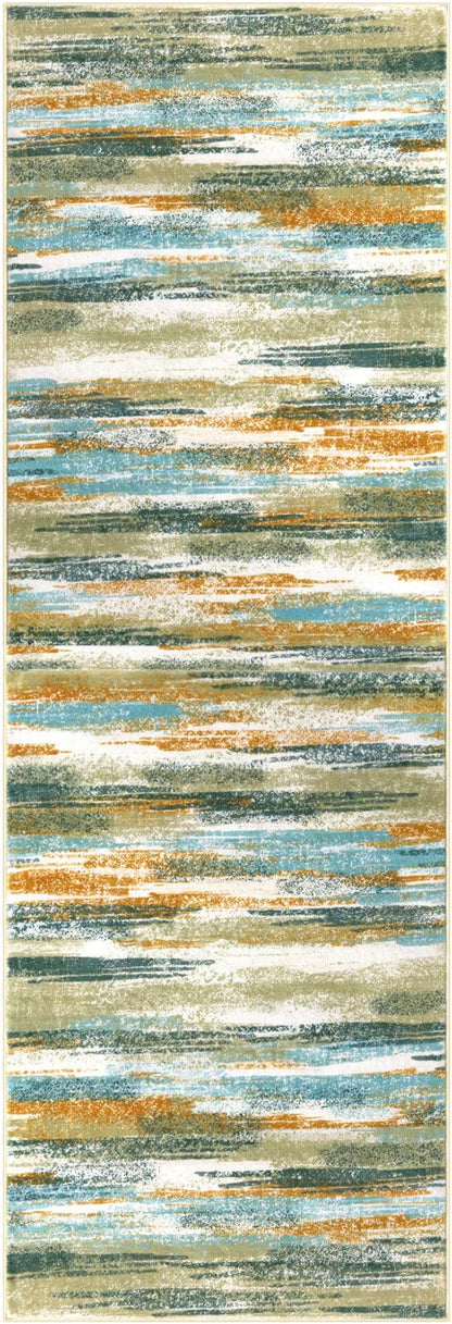 Modern Abstract Runner Rug 3x8, Green Mustard Multi Washable Kitchen Runner Non-Slip Soft Hallway Rug Runner Thin Print Faux Wool Carpet for Entryway Bedroom Laundry Room Indoor Home Office