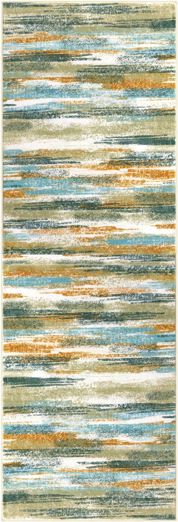 Modern Abstract Runner Rug 3x10, Green Teal Mustard Washable Kitchen Runner Non-Slip Soft Hallway Rug Runner Thin Print Faux Wool Carpet for Entryway Bedroom Indoor Home Office Decor
