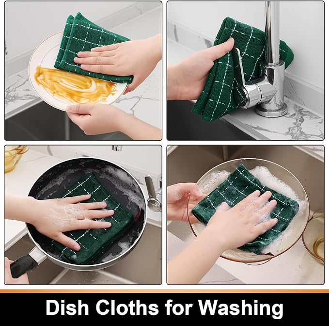 Mordimy 100% Cotton Terry Cloth Dish Cloths, Soft and Absorbent Checkered Dish Towels, Quick Drying Dish Rags for Washing Dishes, 12 Pack, 12 x 12 Inches, Dark Green