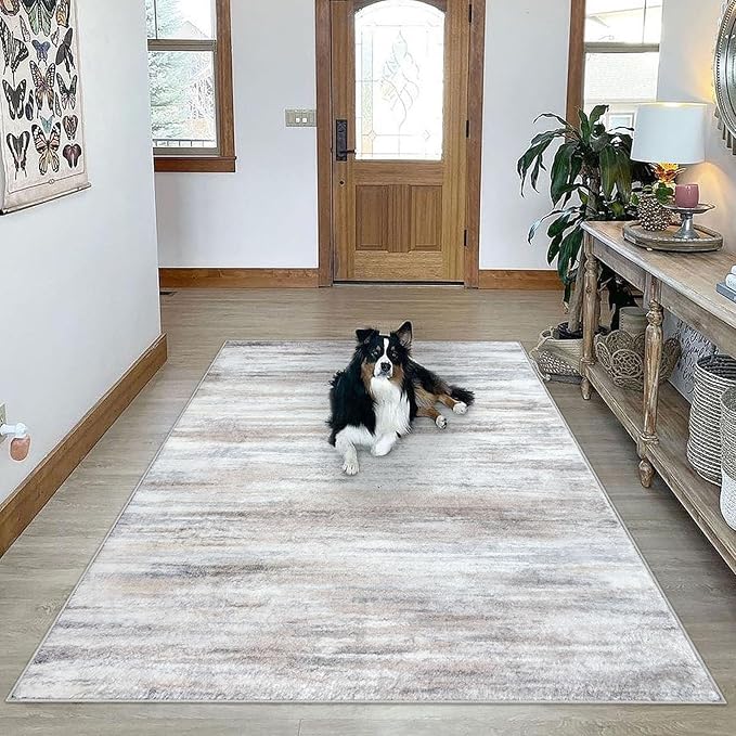 KOZYFLY 9x12 Area Rug Modern Ombre Thin Rugs for Living Room, Washable Rugs Large Non-Slip Soft Striped Rug for Bedroom, Print Beige Abstract Carpet for Laundry/Kid Room