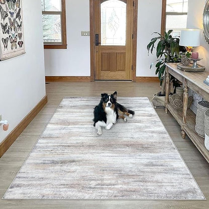 KOZYFLY 9x12 Area Rug Modern Ombre Thin Rugs for Living Room, Washable Rugs Large Non-Slip Soft Striped Rug for Bedroom, Print Beige Abstract Carpet for Laundry/Kid Room