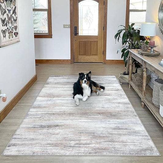 KOZYFLY 9x12 Area Rug Modern Ombre Thin Rugs for Living Room, Washable Rugs Large Non-Slip Soft Striped Rug for Bedroom, Print Beige Abstract Carpet for Laundry/Kid Room