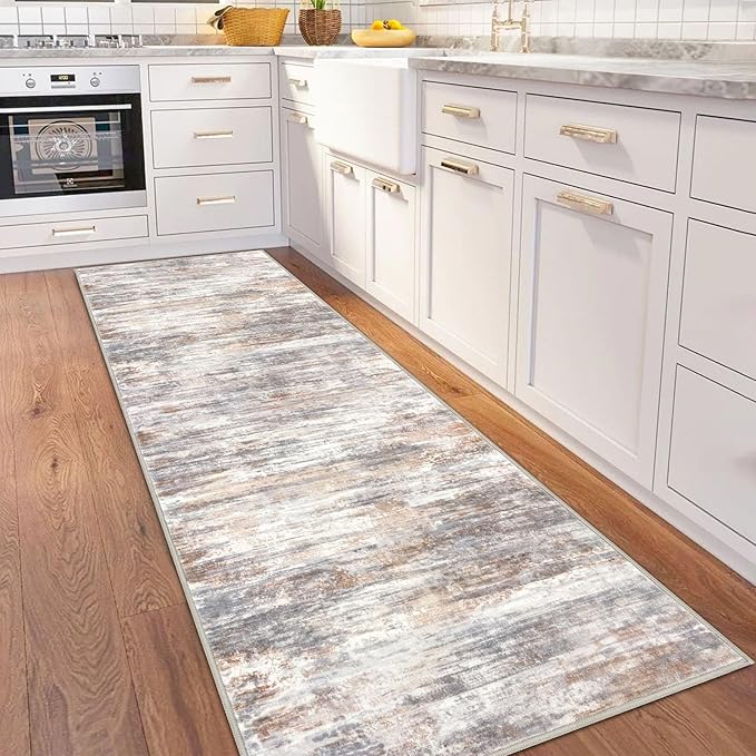 KOZYFLY 3x8 Ft Rug Modern Ombre Runner Rug for Hallway, Washable Kitchen Rugs Non-Slip Soft Striped Entryway Rug, Print Multi Grey Abstract Carpet for Laundry Nursery