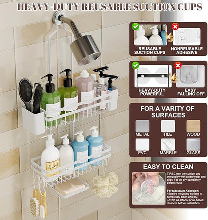 Shower Caddy Hanging for Bathroom Organizers and Storage, Adjustable Anti-Swing Shower Organizer for Wall-Mounted Showerhead with Heavy-Duty Suction Cups, Damage-Free Rustproof (White)