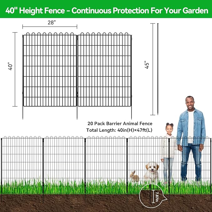 Decorative Garden Fence 20 Panels 47.2 ft(L) X 40 in(H) Animal Barrier for Yard, Patio, Garden Borders, No-Dig Outdoor Fencing with Rustproof Metal Panels, Temporary Ground Stakes for Dogs, Rabbit
