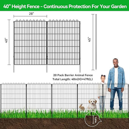 Decorative Garden Fence 20 Panels 47.2 ft(L) X 40 in(H) Animal Barrier for Yard, Patio, Garden Borders, No-Dig Outdoor Fencing with Rustproof Metal Panels, Temporary Ground Stakes for Dogs, Rabbit