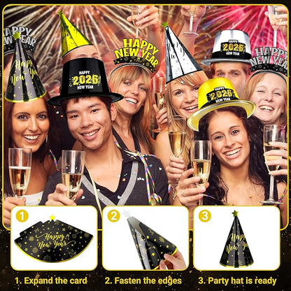 200PCS New Years Eve Party Favors, 100 Guests Happy New Year Hats, New Year Party Supplies Gold Silver Black, Foil NYE Noise Makers Cardboard Horns Cone Hats New Year Tiara New Years Gathering