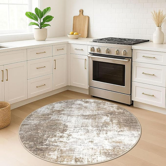 IOHOUZE Round Area Rug 5 Ft Circle Entryway Rugs Round Washable Door Mat Indoor Entrance, Non Slip Circle Front Door Rug, Printed Abstract Faux Wool Floor Carpet for Foyer Porch Sink, Beige Brown