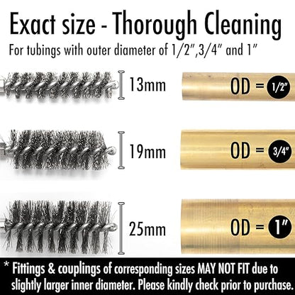 6pcs Extended Copper Tube Pipe Cleaner, 1/2” 3/4” 1” Pipe Cleaning Brush Set, Stainless Steel Wire Bore Brushes for Power Drill, 1/4 Inch Hex Shank