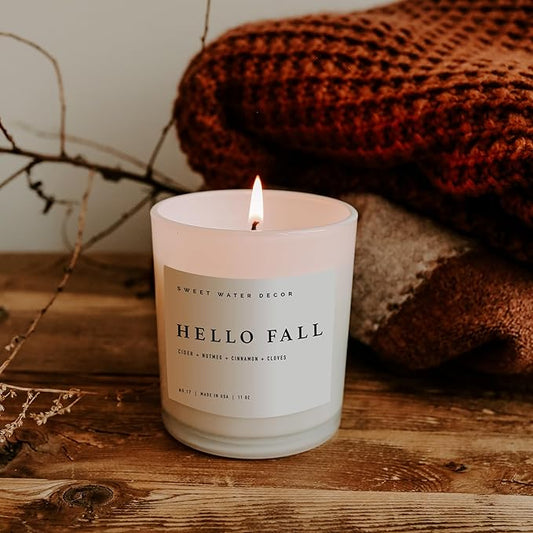 Sweet Water Decor Hello Fall Candle - Cinnamon Apples Cloves & Nutmeg Fall Scented Candle for Home Decor - 100% Cotton Wick Soy Wax Candles with 50 Hour Burn Time - Made in The USA - 11oz White Jar