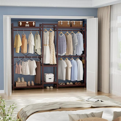 Homykic Bamboo Closet System, Large Clothing Rack for Hanging Clothes, Freestanding Clothes Rack with 7 Shelves & 5 Hanging Rods, Open Wardrobe Closet Organizer Garment Rack with 4 Hooks, Espresso