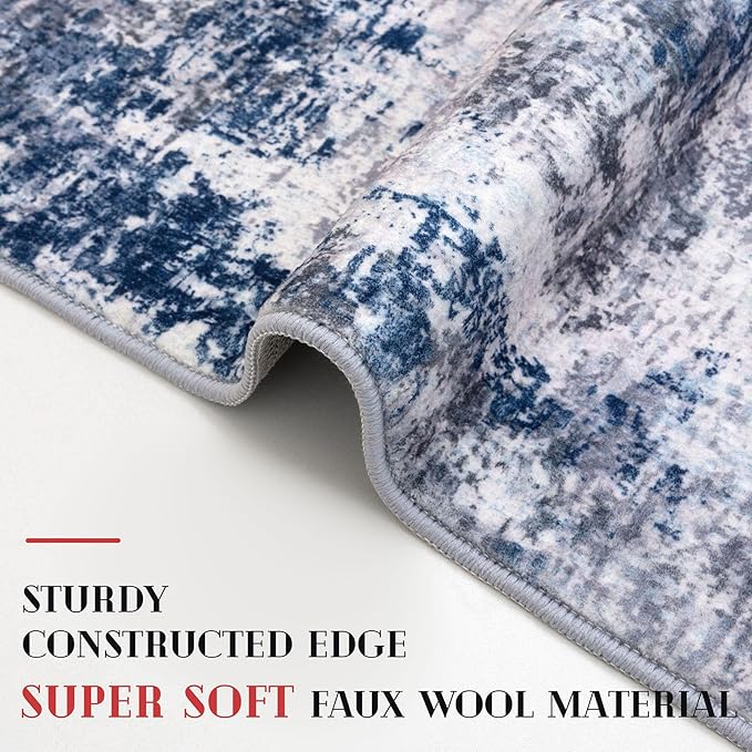 Modern Abstract Runner Rug 2x6, Grey Navy Blue Colorful Washable Kitchen Runner Non-Slip Soft Hallway Rug Runner Thin Print Faux Wool Carpet for Entryway Bedroom Laundry Room Indoor Home Decor