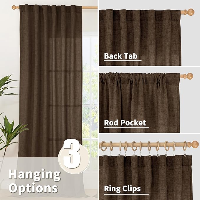YoungsTex Short Linen Curtains 54 Inch Length 2 Panels, Brown Light Filtering Drapes with Rod Pocket Back Tab for Living Room Bedroom Window, 2 Panels, 42 X 54 Inch