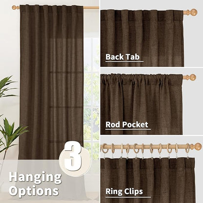 YoungsTex Short Linen Curtains 54 Inch Length 2 Panels, Brown Light Filtering Drapes with Rod Pocket Back Tab for Living Room Bedroom Window, 2 Panels, 42 X 54 Inch