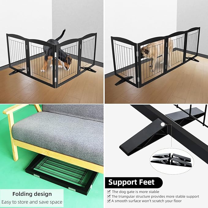 ZJSF Freestanding Dog Fence Indoor, Foldable Dog Gate for Doorways, Stairs or Hallways, Sturdy Wood Extra Wide Pet Gate with Support Feet for The House, Black, 32 "Height-4 Panels