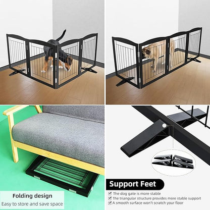ZJSF Freestanding Dog Fence Indoor, Foldable Dog Gate for Doorways, Stairs or Hallways, Sturdy Wood Extra Wide Pet Gate with Support Feet for The House, Black, 24 "Height-4 Panels